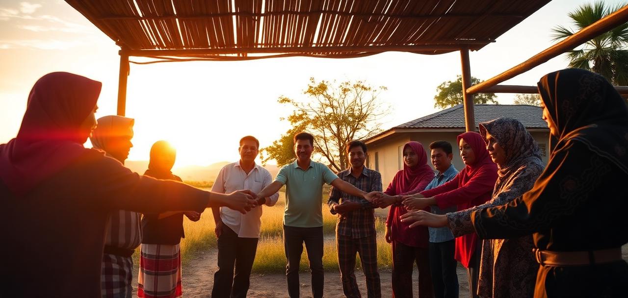Relawan PT KSR Anak Singuda bergandengan tangan saat senja